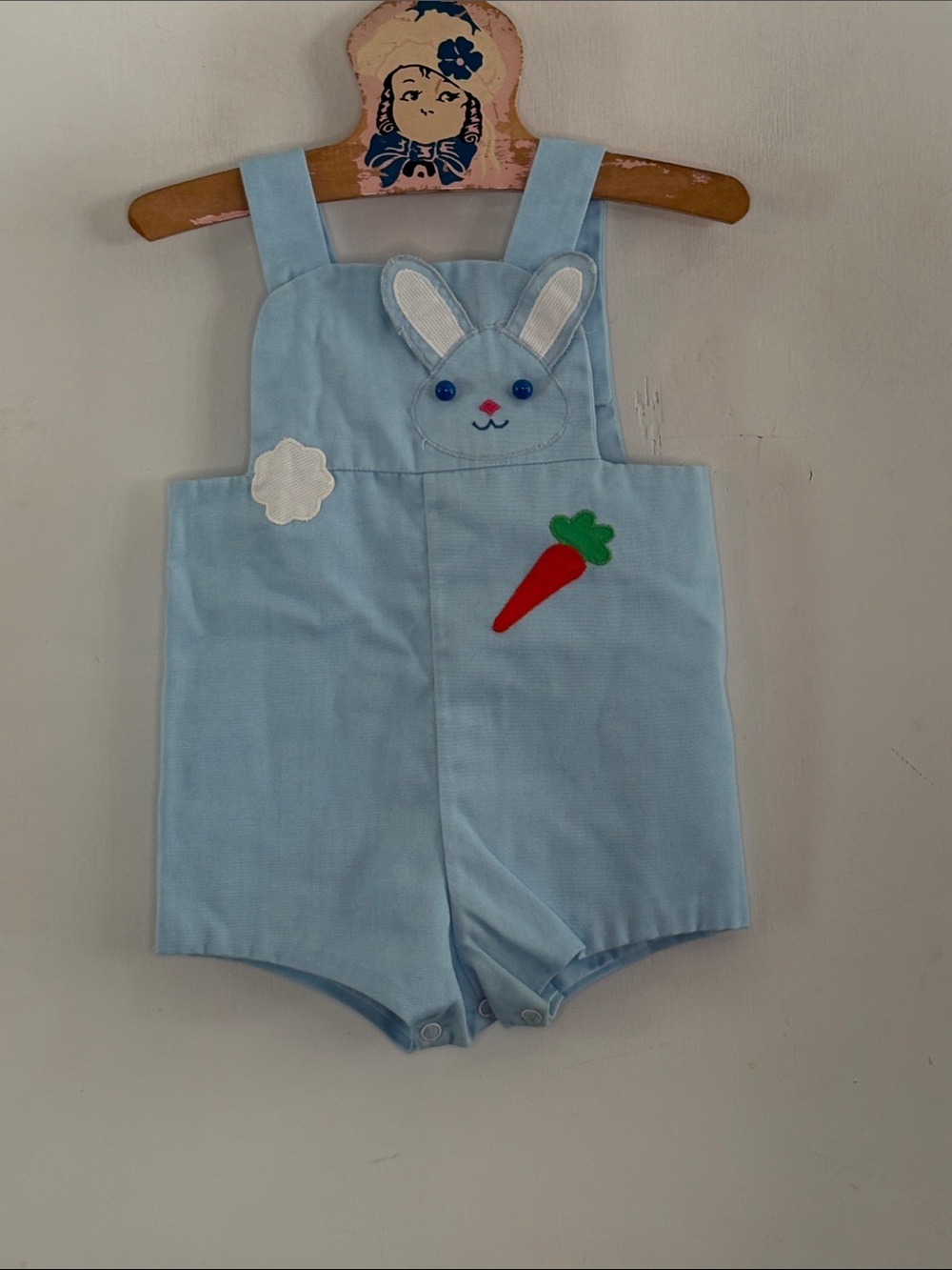 Vintage Betti Terrell by Johnston light blue bunny short overalls Sz 12-18 mth